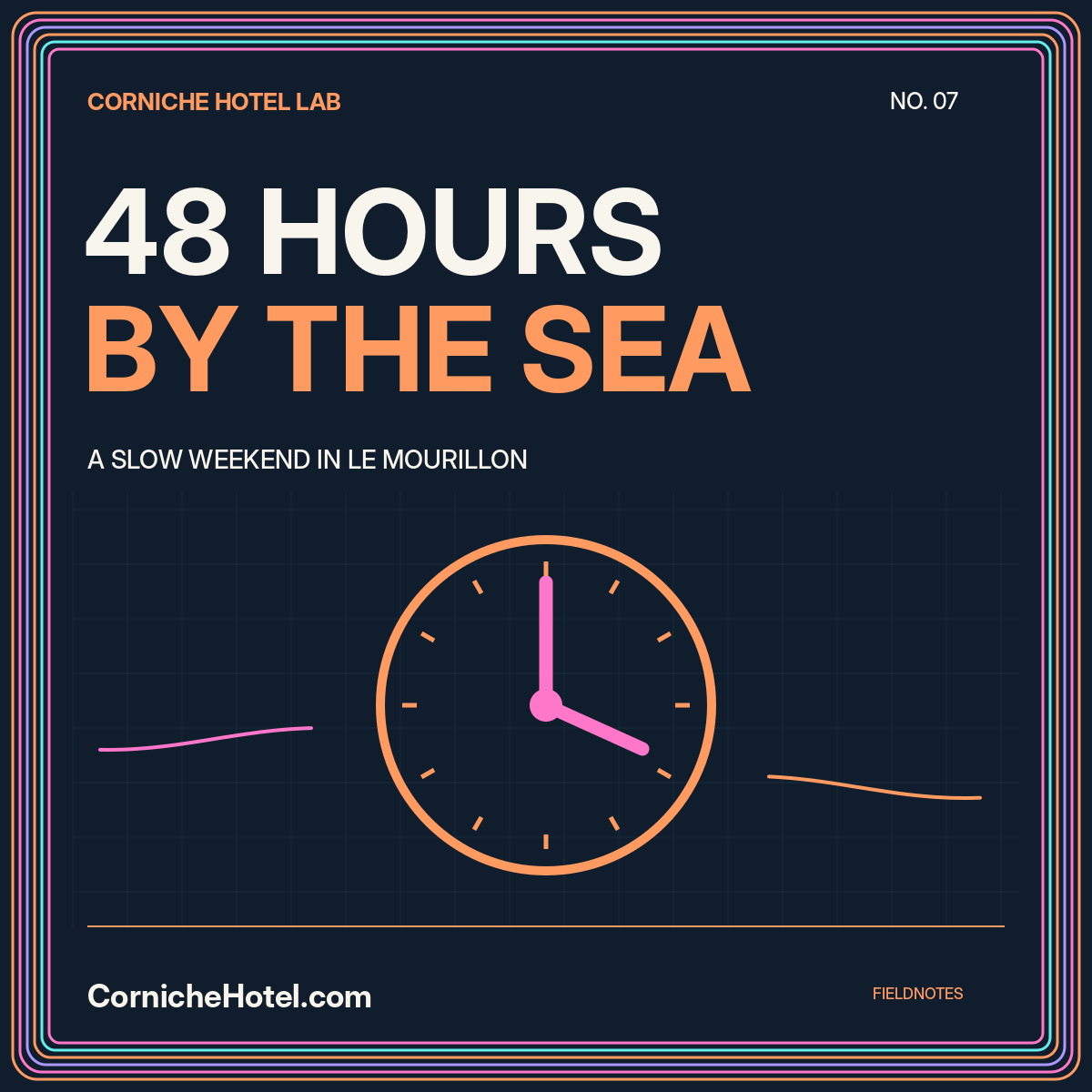 48 hours by the sea: orange clock face and pink waves framed by multicolor neon lines.