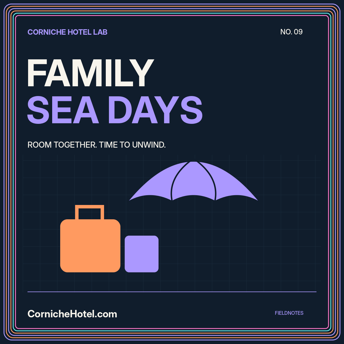 Family sea days: purple beach umbrella with orange and purple travel bags in a neon frame.