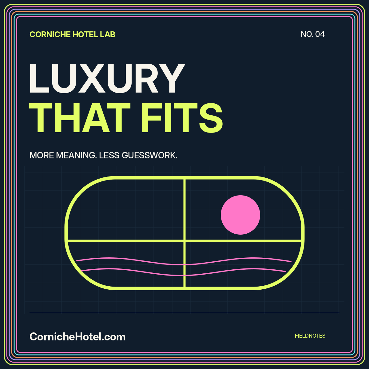 Luxury that fits: an arched sea-view window with a pink sun and lime neon pinstripes.