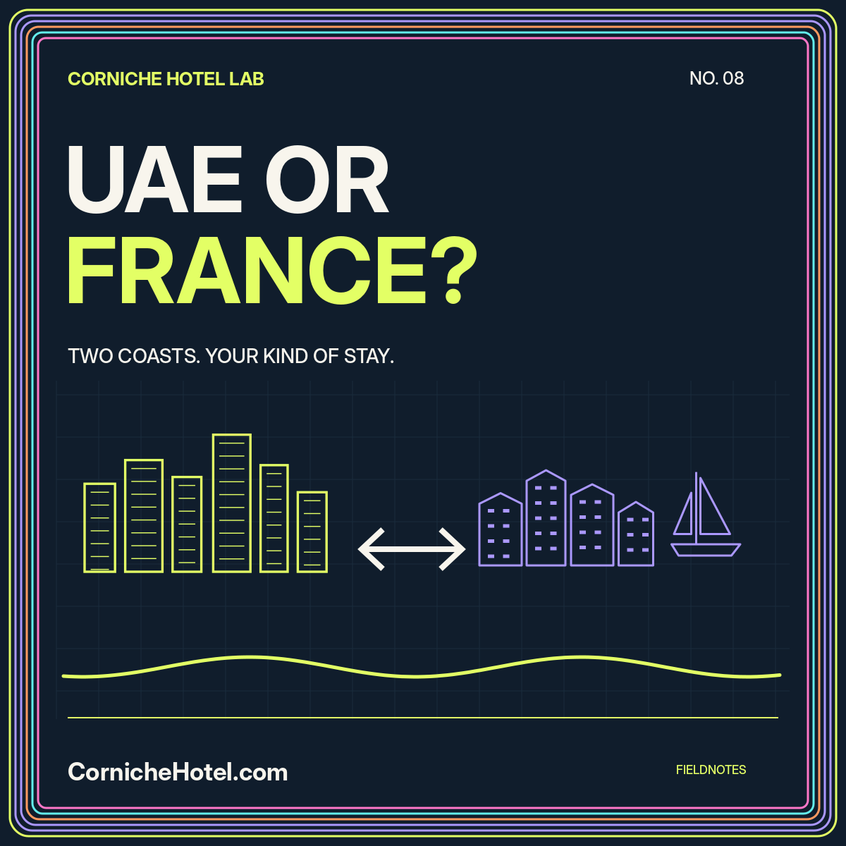 UAE or France? Lime city towers and a purple harbor connected by arrows in a neon pinstripe frame.