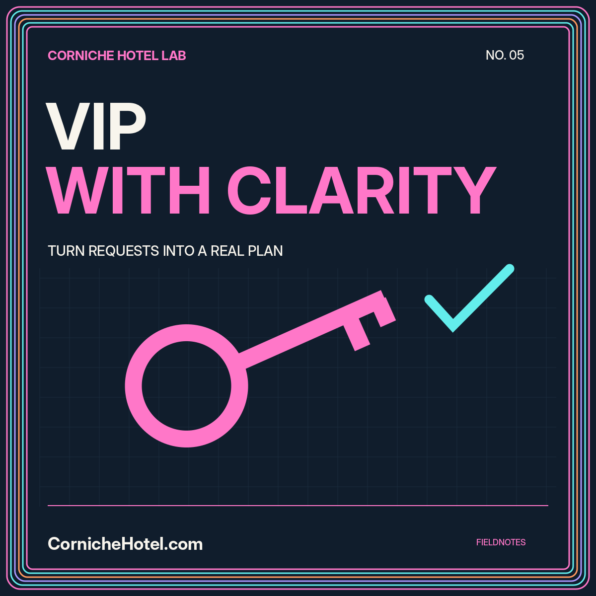 VIP with clarity: a bold pink key and cyan confirmation tick in a multicolor pinstripe frame.