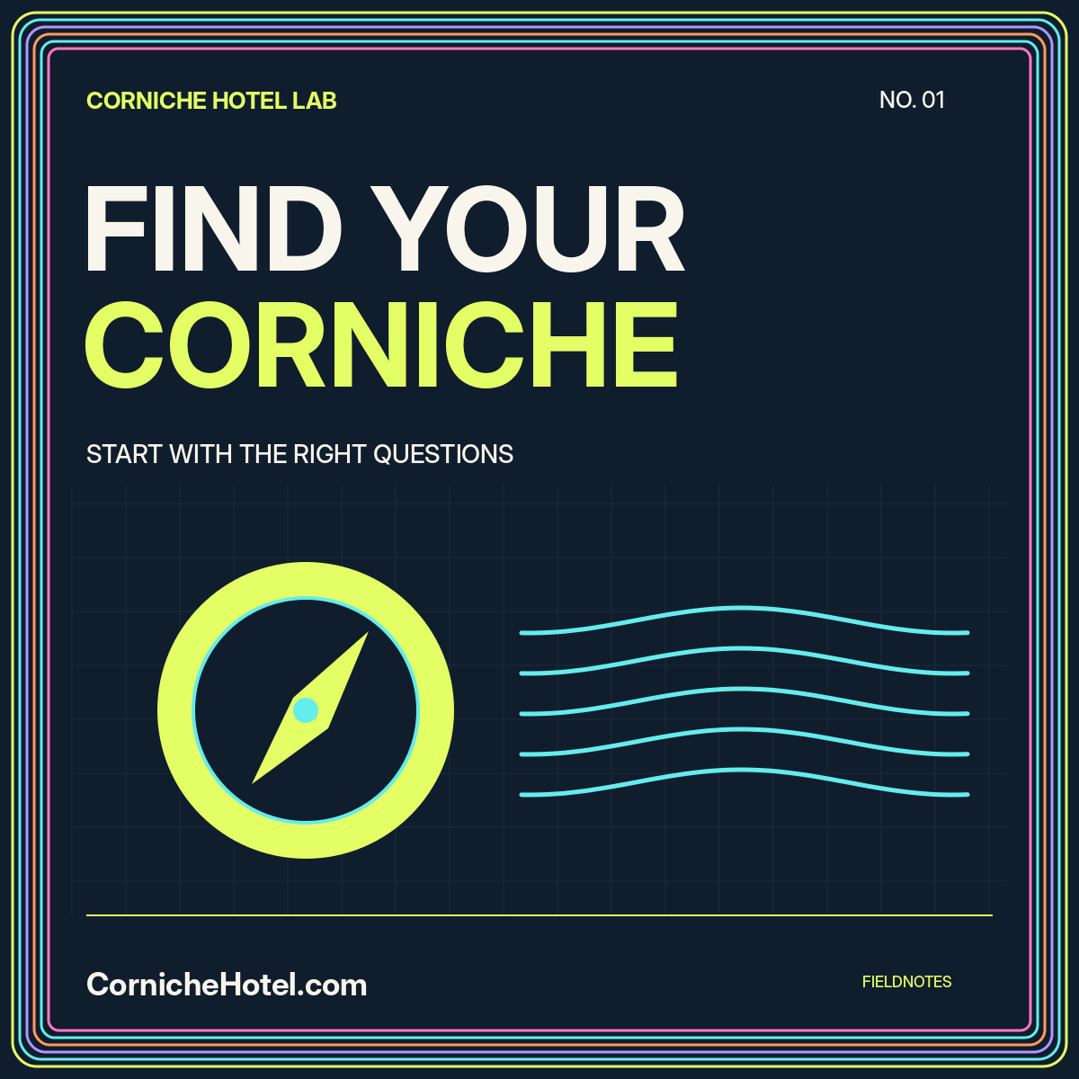 Find your Corniche: neon compass and waves inside a multicolor pinstripe frame.